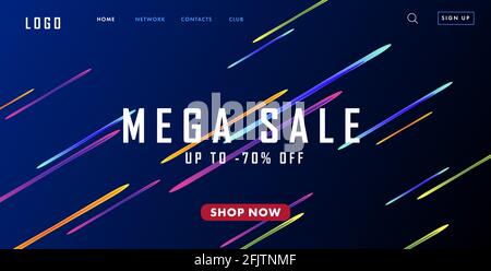 Website Landing Page Bildschirm mit Rabatt-Banner für Mega-Verkauf mit dynamischen Neon diagonalen Linien, dunkelblauen Hintergrund Stock Vektor