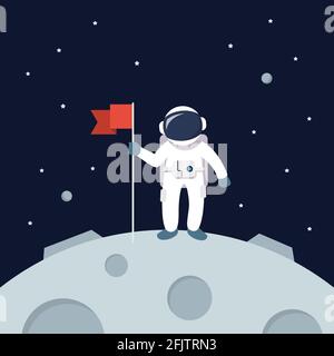 Astronaut landet auf dem Mond Holding Flag. Stern und Planeten auf Galaxienhintergrund. Vektorgrafik im flachen Stil Stock Vektor