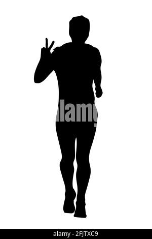 Weibliche Läuferin zeigen Hand Friedenszeichen schwarz Silhouette Stockfoto