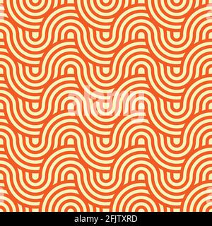 Geometrischer Kreis schneidet Wellen nahtloses Muster. Orangefarbener Hintergrund. Stoffdesigns und Kacheln Texturmuster. Stock Vektor