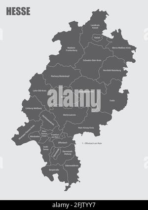 Das Bundesland Hessen, isolierte Karte in Bezirke mit Beschriftungen, Deutschland Stock Vektor