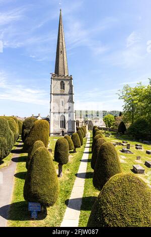 St Marys Kirche mit einigen seiner 99 Eibenbäume in der Cotswold Dorf Painswick, Gloucestershire UK Stockfoto