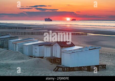 Frankreich, Pas de Calais, Cote d'Opale, Sangatte Bleriot Plage, Fähre, die die Bootverbindung von Calais nach Dover bei Sonnenuntergang und Strandhütten verbindet Stockfoto