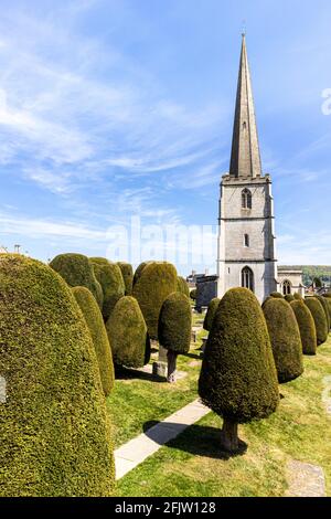 St Marys Kirche mit einigen seiner 99 Eibenbäume in der Cotswold Dorf Painswick, Gloucestershire UK Stockfoto