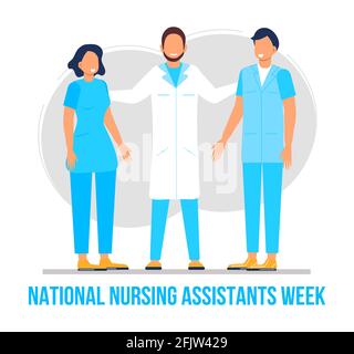 Die National Nursing Assistants Week wird im Juni in den USA gefeiert. Krankenschwester steht mit Stethoskop auf dem blauen Hintergrund. Schriftzug ist tha Stock Vektor