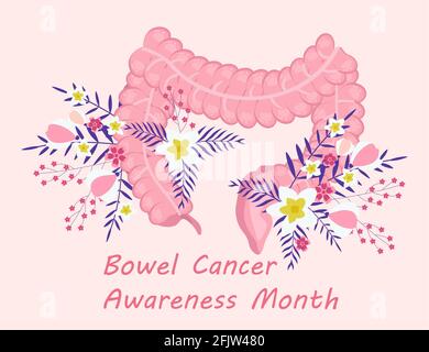 Konzept-Vektor für den Monat des Darmkrebsbewusstseins. Ein medizinisches Ereignis wird im April beobachtet. Menschlicher Darm auf boho floralen Hintergrund. Tropische Blumen und verlassen Stock Vektor