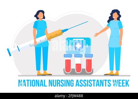 Die National Nursing Assistants Week wird im Juni in den USA gefeiert. Krankenschwester steht mit Stethoskop auf dem blauen Hintergrund. Schriftzug ist tha Stock Vektor