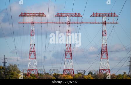 Hochspannungspfosten. Baum Hochspannungstürme. Gruppe von Sendetürmen oder Power Tower, Strompylon Stockfoto