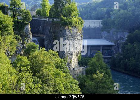 Frankreich, Ain, Injoux Genissiat, die Rhone flussabwärts vom Genissiat-Staudamm an der Rhone Stockfoto