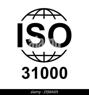 ISO 31000-Symbol. Symbol für Standardqualität. Vektor-Taste auf schwarzem Hintergrund isoliert. Stock Vektor