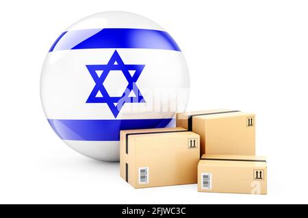 Pakete mit israelischer Flagge. Versand und Lieferung in Israel, Konzept. 3D-Rendering auf weißem Hintergrund isoliert Stockfoto