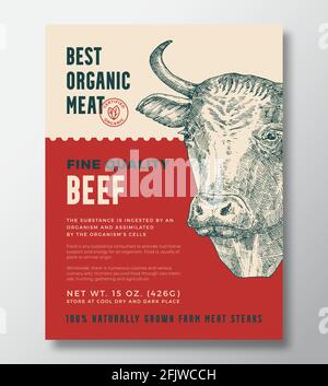 Animal Portrait Organic Meat Abstract Vector Packaging Design oder Label Template. Banner Mit Rindersteaks Aus Eigener Landwirtschaft. Moderne Typografie und handgezeichnete Kuh Stock Vektor