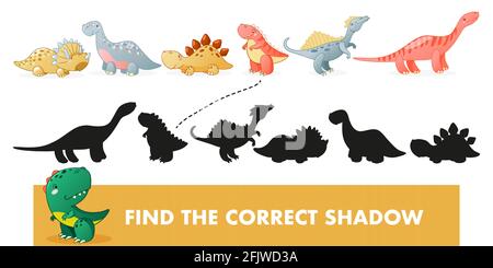 Finden Sie den richtigen Schatten. Kinder pädagogisches Spiel mit Dino. Niedliche Dinosaurier Cartoon Vektor Illustration. Stock Vektor