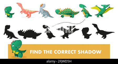 Finden Sie den richtigen Schatten. Kinder pädagogisches Spiel mit Dino. Niedliche Dinosaurier Cartoon Vektor Illustration. Stock Vektor