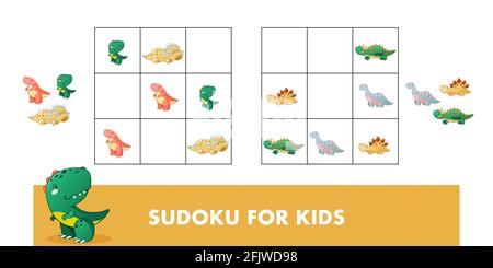 Sudoku für Kinder. Kinder pädagogisches Spiel mit Dino. Niedliche Dinosaurier Cartoon Vektor Illustration. Stock Vektor