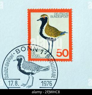 Abgesagte Briefmarke gedruckt von Deutschland, die Golden Plover zeigt, um 1976. Stockfoto