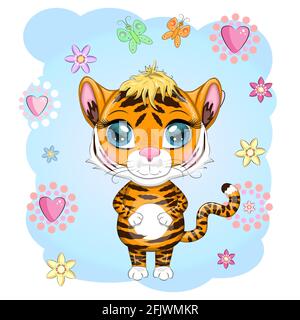 Cute Cartoon Tiger mit schönen Augen, hell, orange. Illustrationen zum chinesischen Neujahr 2022, Jahr des Tigers. Mondneujahr 2022. Stock Vektor
