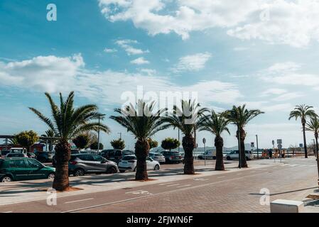 Alcudia, Spanien - 10. März 2020 schöner Stadthafen auf der spanischen Insel Mallorca oder Palma de Mallorca auf den Balearen, Spanien. Palmen, Café Stockfoto
