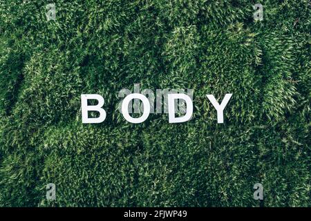 Wort Körper auf Moos, grünes Gras Hintergrund. Draufsicht. Speicherplatz kopieren. Banner. Biophilie-Trend. Naturkulisse. Körper, Geist, Geist und Seele Konzept Stockfoto