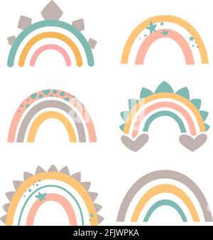 Schöne Regenbogen in zarten Pastelltönen. Dinosaurier-Muster. Boho-Stil, Vektorset. Rosa, grün, gelb, grau. Stock Vektor