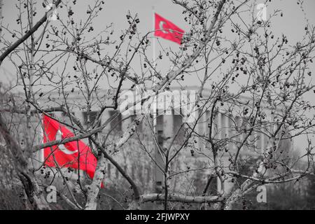 Ansicht des Atatürk-Mausoleums (Anitkabir) mit türkischer Flagge in der Ferne Hinter Bäumen Stockfoto