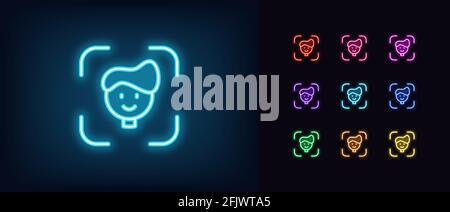 Symbol für Neon-Gesichtserkennung. Leuchtende Neon Gesichts-Scanner Zeichen, Umriss Gesicht identifizieren Piktogramm. Persönliche biometrische Daten, Identifikation und Verifikation Stock Vektor