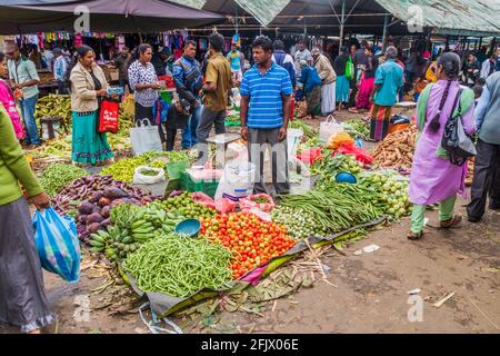 NUWARA ELIYA, SRI LANKA - 17. JULI 2016: Die Menschen kaufen auf dem Produktmarkt in Nuwara Eliya ein. Stockfoto