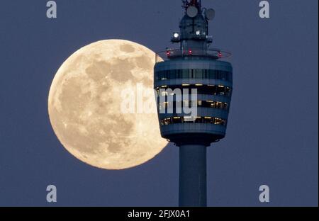 Stuttgart, Deutschland. April 2021. Der Vollmond steigt hinter dem Stuttgarter Fernsehturm auf. Am 27. April 2021 wird es einen sogenannten "Supermond" geben. Dann ist der Abstand zwischen Mond und Erde kleiner als üblich. Quelle: Marijan Murat/dpa/Alamy Live News Stockfoto