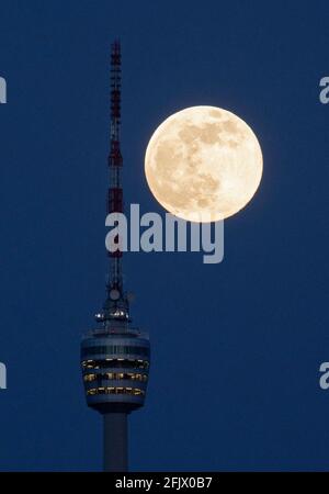 Stuttgart, Deutschland. April 2021. Der Vollmond steigt hinter dem Stuttgarter Fernsehturm auf. Am 27. April 2021 wird es einen sogenannten "Supermond" geben. Dann ist der Abstand zwischen Mond und Erde kleiner als üblich. Quelle: Marijan Murat/dpa/Alamy Live News Stockfoto