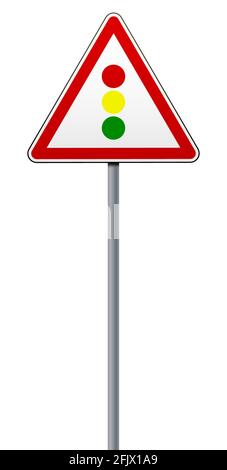 Warnschild Ampelregelung. Ein Straßenschild auf einem Metallmast. Das isolierte Objekt auf weißem Hintergrund. Vektorgrafik. Stock Vektor