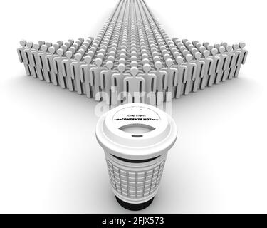 Ein gewünschtes Getränk. Ein Thermobecher für heiße Getränke und Symbole von Menschen in Form von Pfeil auf weißer Oberfläche. 3D-Illustration Stockfoto