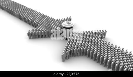 Ein gewünschtes Getränk. Ein Thermobecher für heiße Getränke und Symbole von Menschen in Form von Pfeil auf weißer Oberfläche. 3D-Illustration Stockfoto