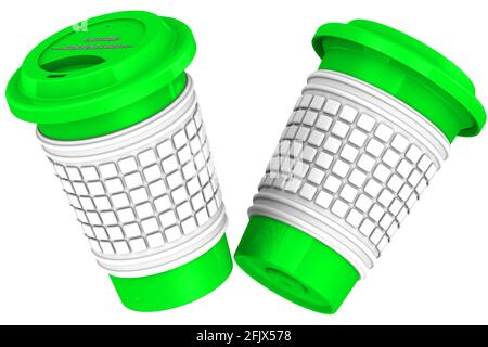 Grüne Becher für heiße Getränke. Zwei grüne Einweg-Pappbecher für heiße Getränke auf weißem Hintergrund. 3D-Illustration Stockfoto