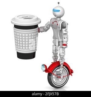 Lieferung von heißen Getränken in einem Thermobecher mit einem Cyborg. Roboter auf dem Monorad transportiert einen großen Thermobecher mit Heißgetränk. 3D-Illustration Stockfoto