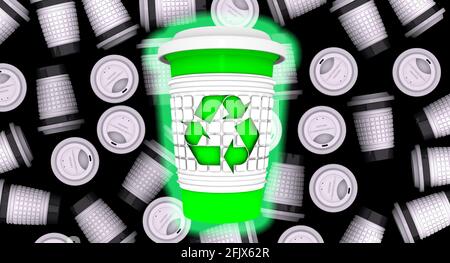Ein grüner Einweg-Tassenbecher für heiße Getränke mit Recycling-Symbol auf dem Hintergrund des schwarzen und weißen Tassens auf schwarzer Oberfläche. 3D-Illustration Stockfoto