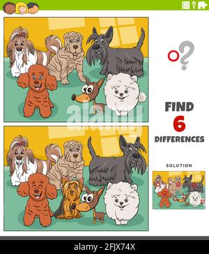 Cartoon Illustration der Suche nach den Unterschieden zwischen Bildern Lernspiel Für Kinder mit lustigen reinrassigen Hunden Tierfiguren Gruppe Stock Vektor