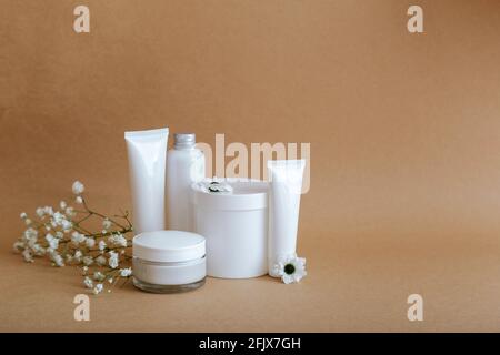 Set natürliche Schönheit kosmetische Hautpflegeprodukte mit Blumen Muscheln auf beigem Hintergrund mit Kopierraum. White Kit Creme Glas Tube kosmetische Produkte Stockfoto