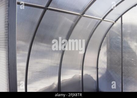 Blick von innen ein Gewächshaus, mit Polycarbonat beschichtet, frostiger Wintertag Stockfoto