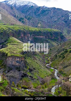 Garni Gorge, Kotayk Region, in der Nähe des Dorfes Garni. Sie wird durch fünf hohe, oft sechseckige Basaltsäulen dargestellt. Entlang der Schlucht erstreckt sich das gar Stockfoto