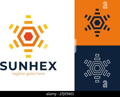 Logo des Sun-Sechskantgetriebes. Kreative Morgensonne mit Design-Vorlage für das Logo der Ausrüstung. Stock Vektor