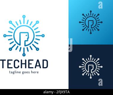 Head Tech Logo, Pixel Head Logo Concept Vector, Robotic Technology Logo Template Designs Vector Illustration Stock Vektor