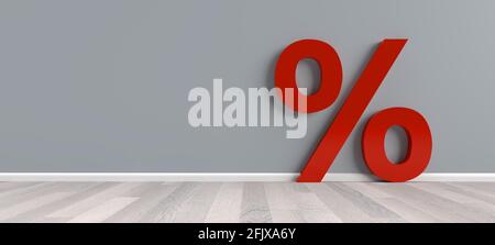 Prozent und Rabatt rotes Symbol auf grauer Zimmerwand für Verkauf reduzierte Preise Aktion 3D-Rendering Stockfoto