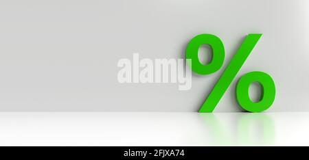 Prozent- und Rabatt-grünes Symbol auf weißer Zimmerwand für Verkauf und reduzierte Preise Aktion 3D-Rendering Stockfoto