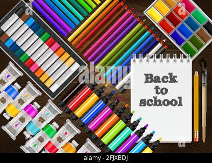 Zurück zur Schule realistischer Hintergrund mit bunten Bleistiften Marker Buntstifte Malt Notizblock Pinsel auf Holztisch Vektor-Illustration Stock Vektor