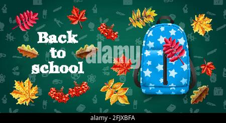Zurück zur Schule realistischer Hintergrund mit blauen Rucksack und bunt Vektorgrafik Herbstblätter Stock Vektor