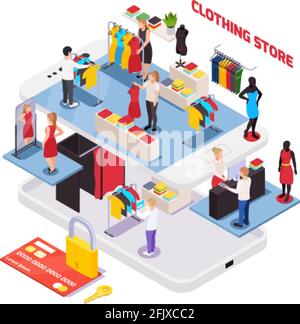 Isometrische Zusammensetzung mit Kleidung Store Inneneinrichtung Kreditkarte und Kunden Auswählen von Kleidung auf weißem Hintergrund 3d-Vektor-Illustration Stock Vektor