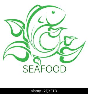 Logo Meeresfrüchte Fisch in grünen Blättern Wellen 2 Stock Vektor