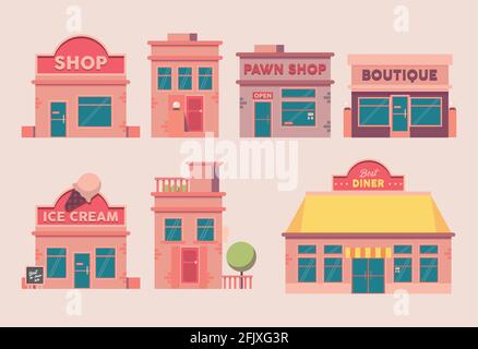 Sieben Gebäudefassaden Stock Vektor