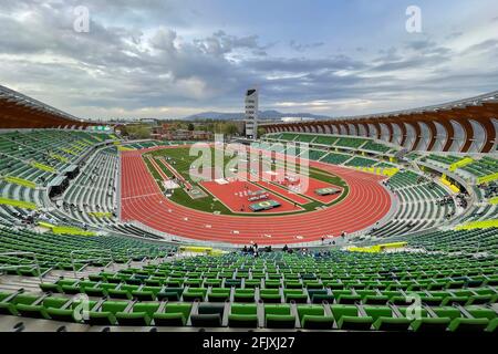 Ein allgemeiner Blick auf Hayward Field auf dem Campus der University of Oregon, Freitag, den 23. April 2021, in Eugene, Das Stadion wird als Standort dienen Stockfoto