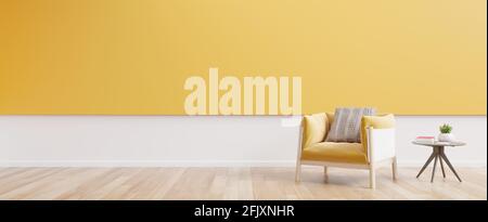Wohnzimmer mit gelbem Stoffsessel, Buch und Pflanzen auf Leerer gelber Wandhintergrund.3d-Rendering Stockfoto